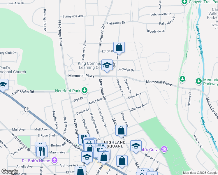 map of restaurants, bars, coffee shops, grocery stores, and more near 455 Merriman Road in Akron