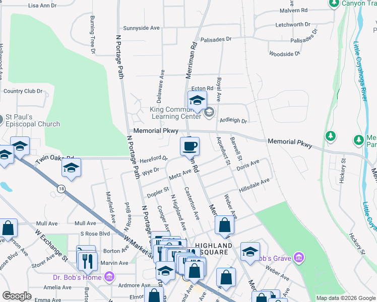 map of restaurants, bars, coffee shops, grocery stores, and more near 470 Merriman Road in Akron
