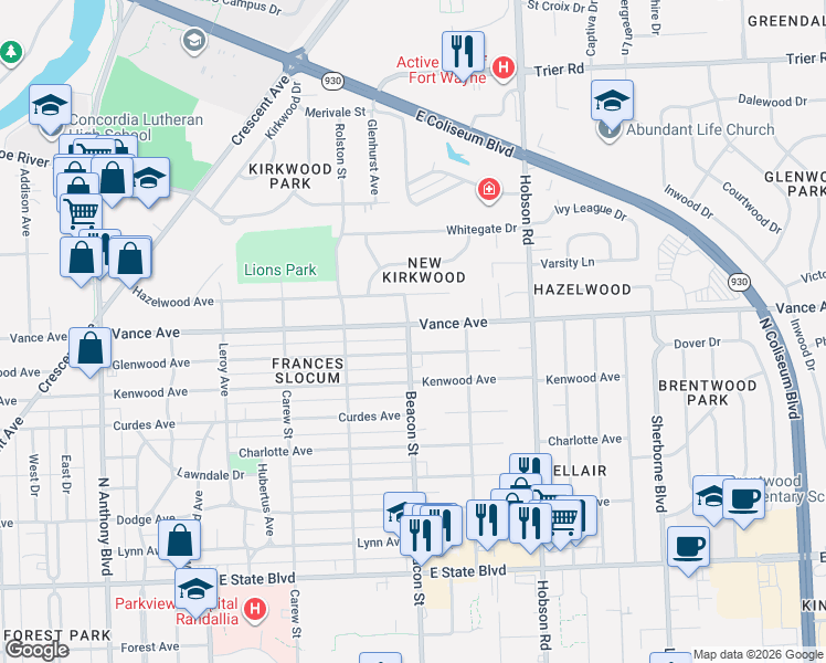 map of restaurants, bars, coffee shops, grocery stores, and more near 2726 Vance Avenue in Fort Wayne