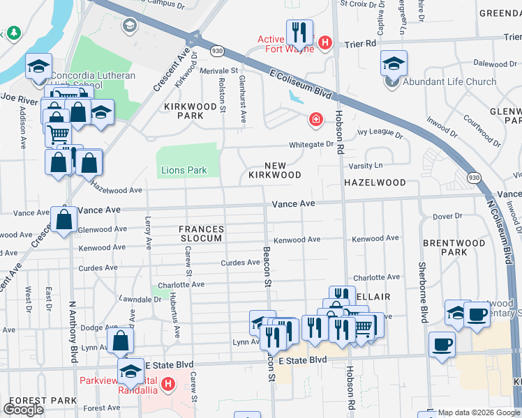 map of restaurants, bars, coffee shops, grocery stores, and more near 2726 Vance Avenue in Fort Wayne