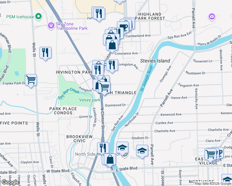 map of restaurants, bars, coffee shops, grocery stores, and more near 337 Dalgren Avenue in Fort Wayne