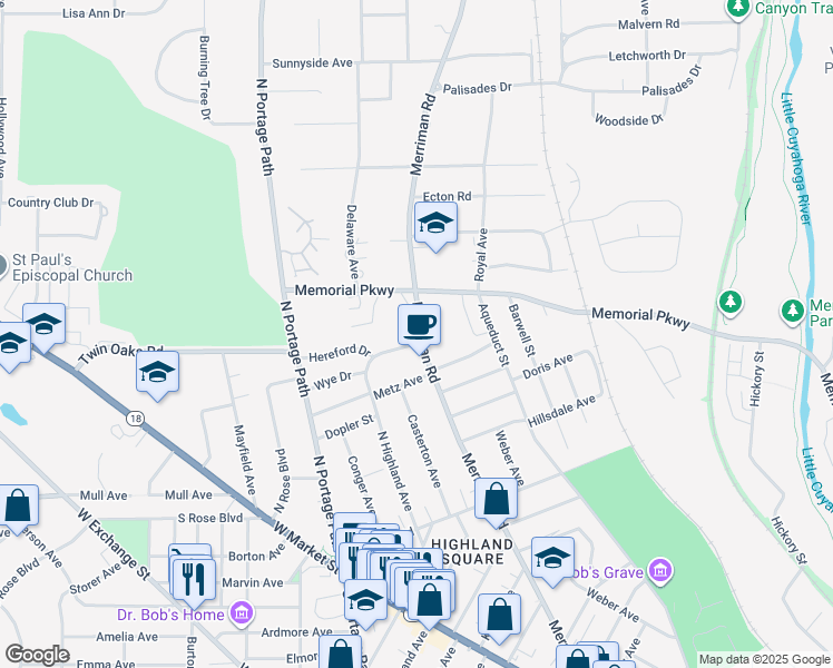map of restaurants, bars, coffee shops, grocery stores, and more near 470 Merriman Road in Akron