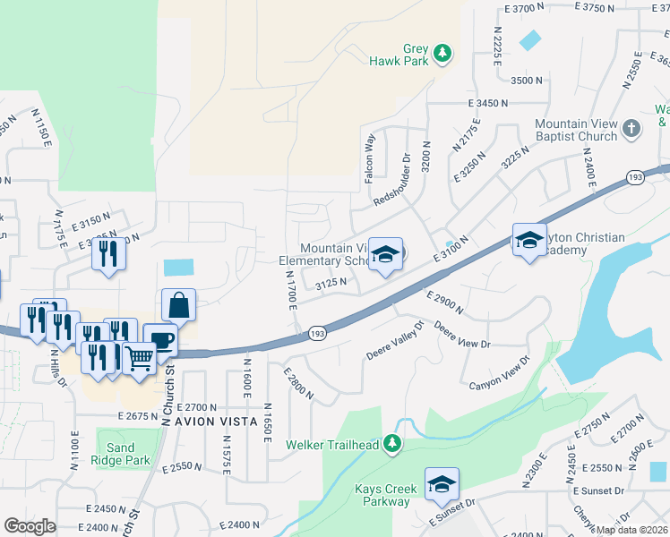 map of restaurants, bars, coffee shops, grocery stores, and more near 3164 Peregrine Way in Layton