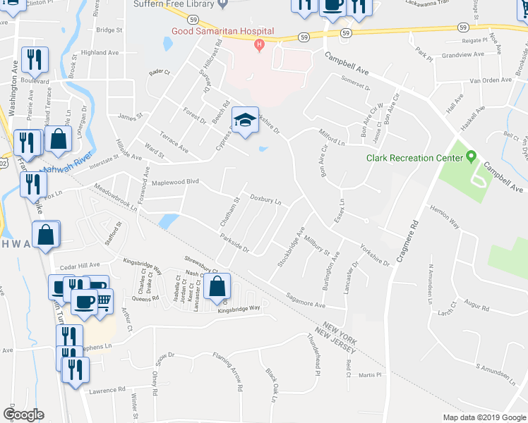 map of restaurants, bars, coffee shops, grocery stores, and more near 115 Doxbury Lane in Suffern