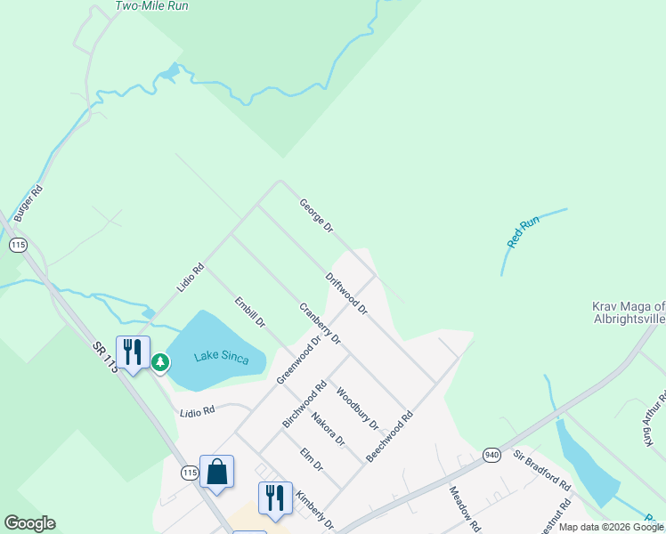 map of restaurants, bars, coffee shops, grocery stores, and more near 118 Driftwood Drive in Blakeslee