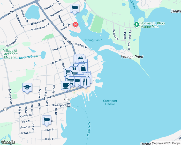 map of restaurants, bars, coffee shops, grocery stores, and more near 152 Bay Avenue in Greenport