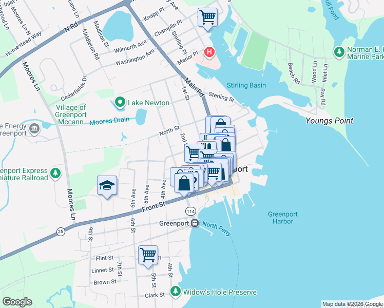 map of restaurants, bars, coffee shops, grocery stores, and more near 336 2nd Street in Greenport