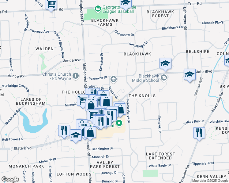 map of restaurants, bars, coffee shops, grocery stores, and more near 2905 Simcoe Drive in Fort Wayne