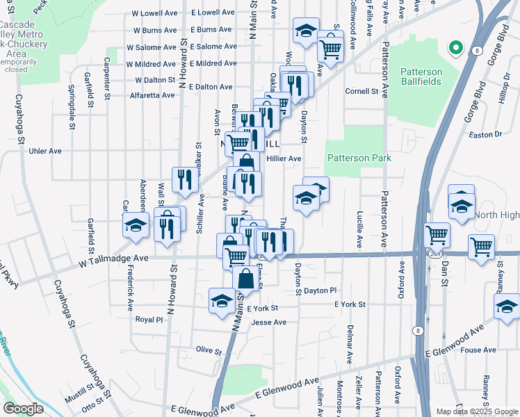 map of restaurants, bars, coffee shops, grocery stores, and more near 692 Elma Street in Akron