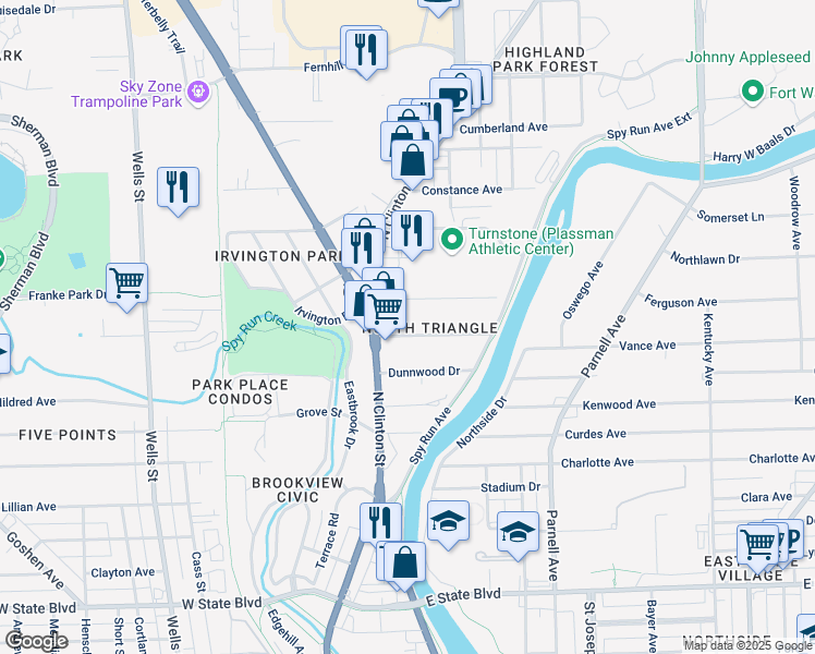 map of restaurants, bars, coffee shops, grocery stores, and more near 337 Dalgren Avenue in Fort Wayne