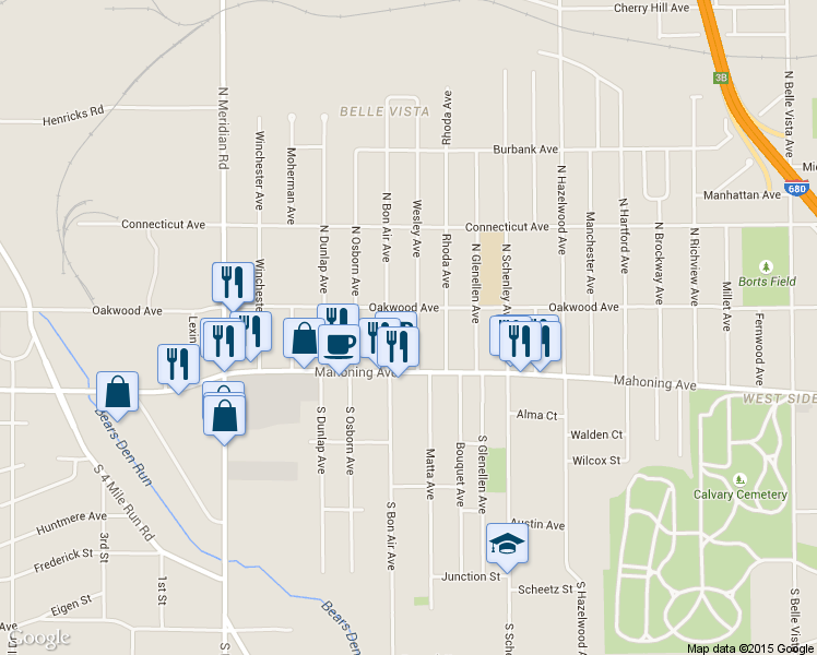 map of restaurants, bars, coffee shops, grocery stores, and more near 46 Wesley Avenue in Youngstown
