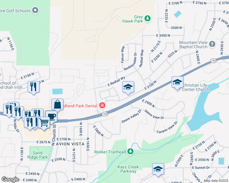 map of restaurants, bars, coffee shops, grocery stores, and more near 3148 East Whitetail Drive in Layton