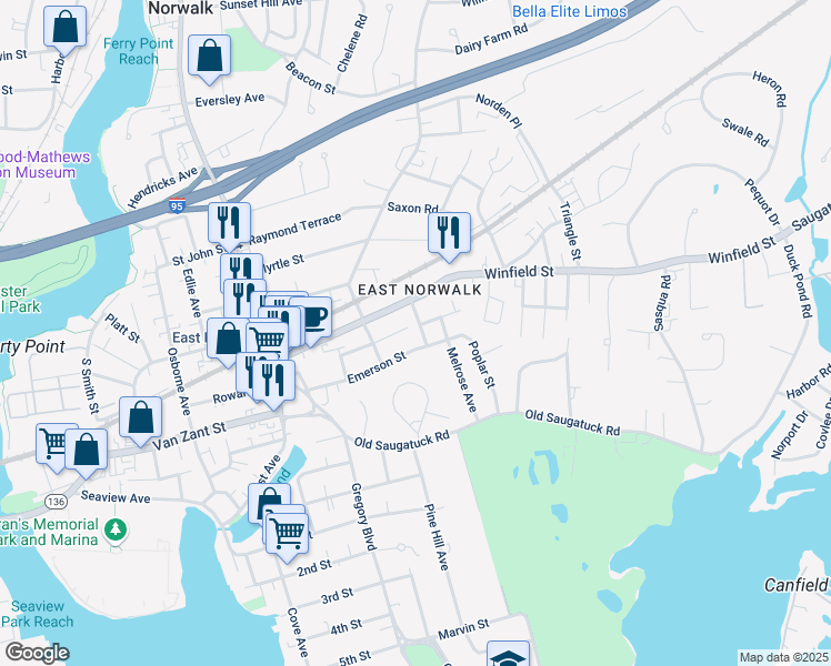 map of restaurants, bars, coffee shops, grocery stores, and more near 41 Melrose Avenue in Norwalk