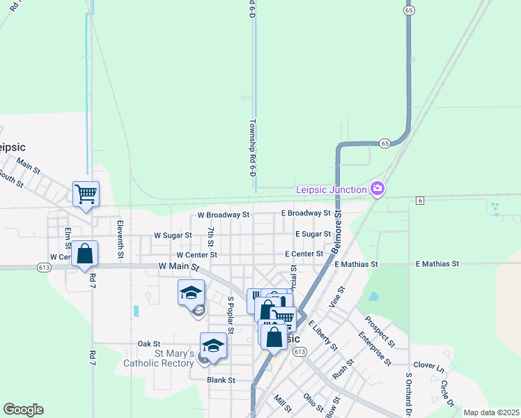 map of restaurants, bars, coffee shops, grocery stores, and more near 305 North Eastom Street in Leipsic