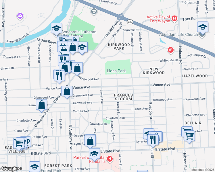 map of restaurants, bars, coffee shops, grocery stores, and more near 2225 Vance Avenue in Fort Wayne