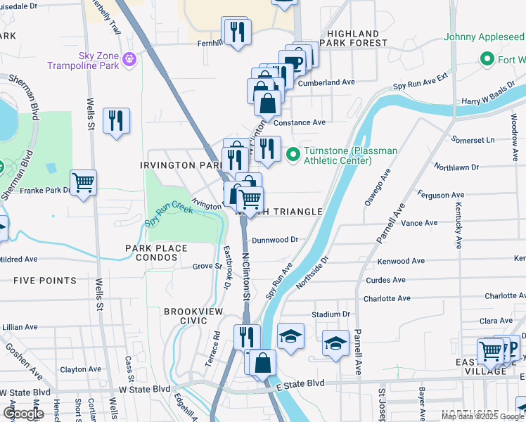 map of restaurants, bars, coffee shops, grocery stores, and more near 337 Dalgren Avenue in Fort Wayne