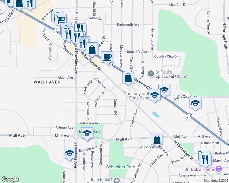 map of restaurants, bars, coffee shops, grocery stores, and more near 99 Grandin Road in Akron