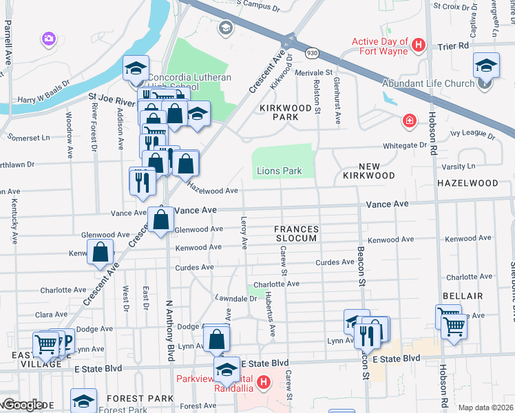 map of restaurants, bars, coffee shops, grocery stores, and more near 2225 Vance Avenue in Fort Wayne