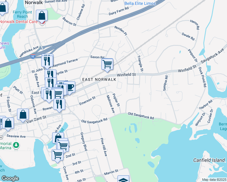 map of restaurants, bars, coffee shops, grocery stores, and more near 5 Poplar Street in Norwalk