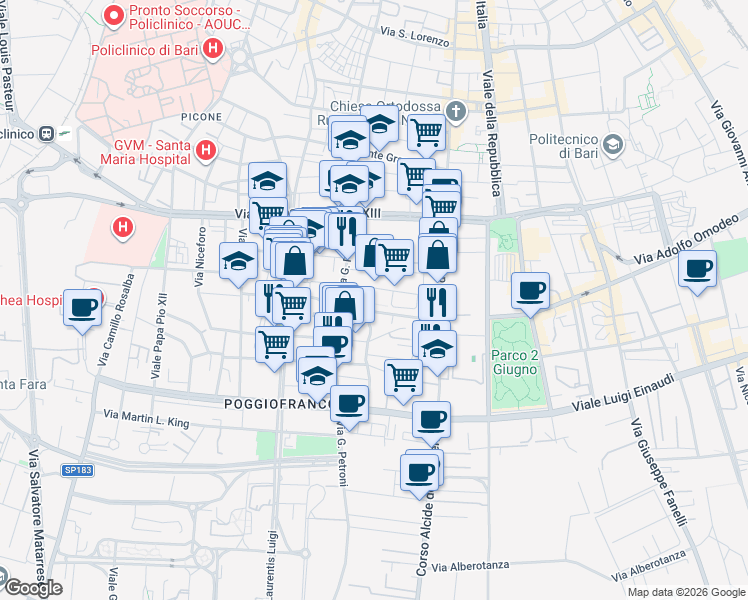 map of restaurants, bars, coffee shops, grocery stores, and more near 15 Via Giovanni Colella in Bari