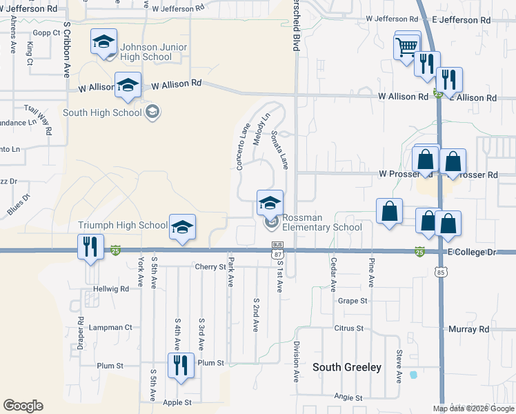 map of restaurants, bars, coffee shops, grocery stores, and more near 947 Ballad Lane in Cheyenne