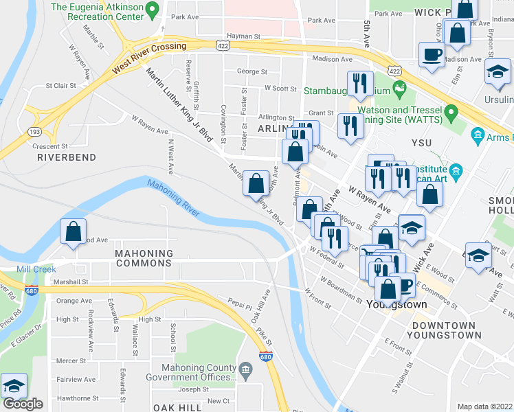 map of restaurants, bars, coffee shops, grocery stores, and more near 555 Martin Luther King Junior Boulevard in Youngstown