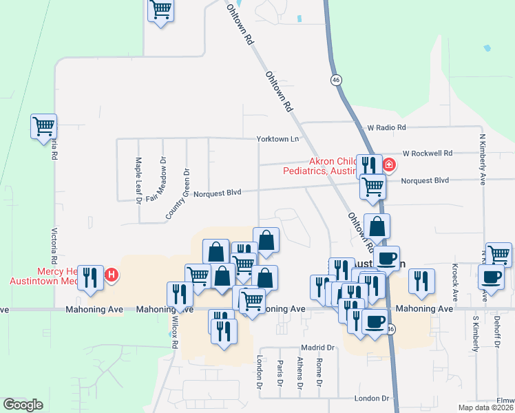 map of restaurants, bars, coffee shops, grocery stores, and more near 138 Fitch Boulevard in Austintown