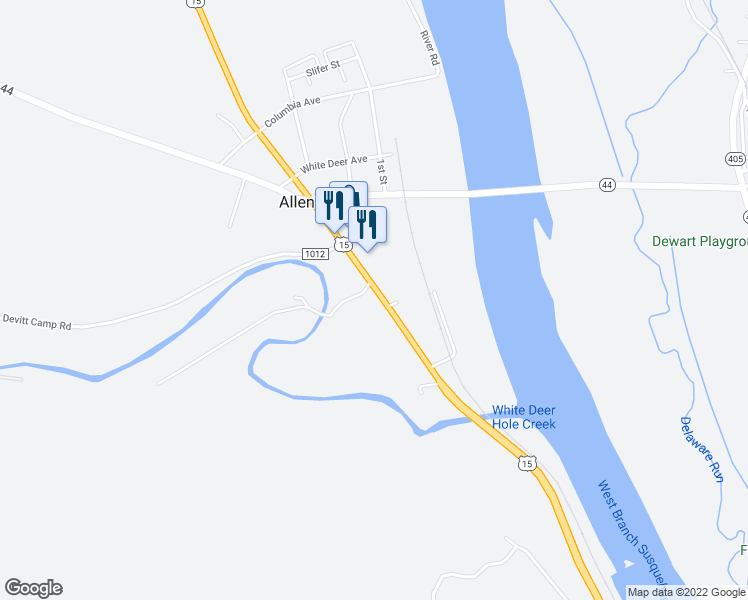 map of restaurants, bars, coffee shops, grocery stores, and more near 16635 U.S. 15 in Allenwood