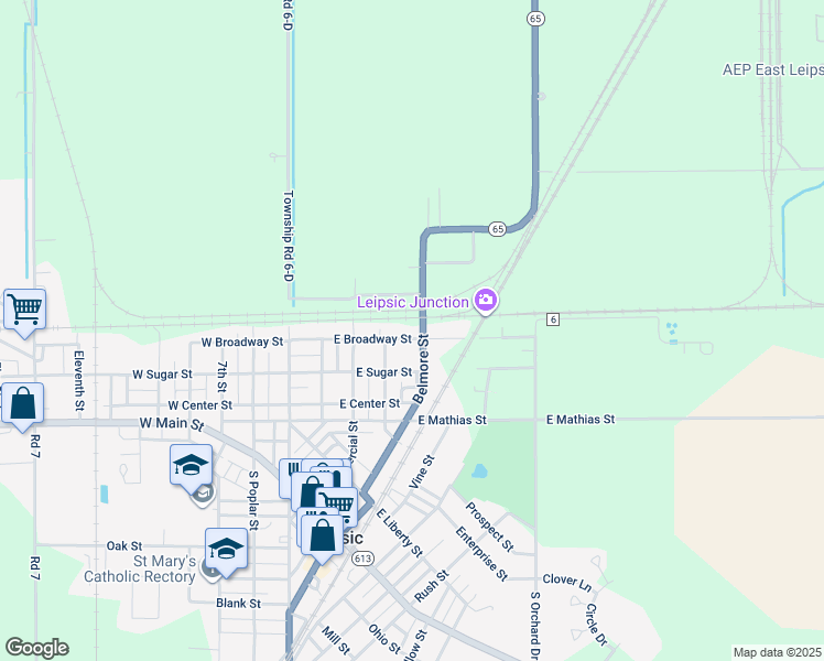 map of restaurants, bars, coffee shops, grocery stores, and more near 305 North Belmore Street in Leipsic