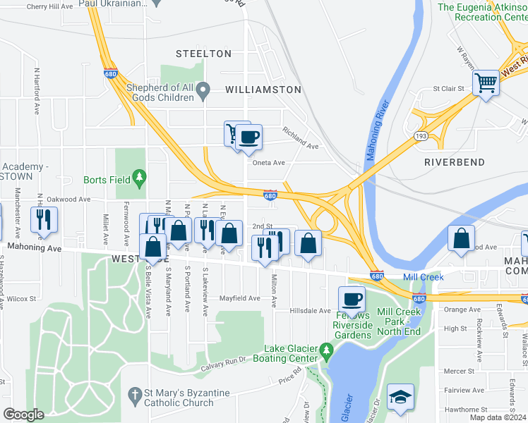 map of restaurants, bars, coffee shops, grocery stores, and more near 1601 3rd Street in Youngstown