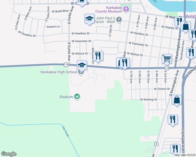map of restaurants, bars, coffee shops, grocery stores, and more near 1100 West Jeffery Street in Kankakee