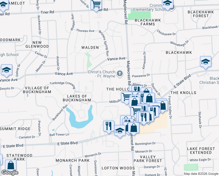map of restaurants, bars, coffee shops, grocery stores, and more near 2921 Old Willow Place in Fort Wayne