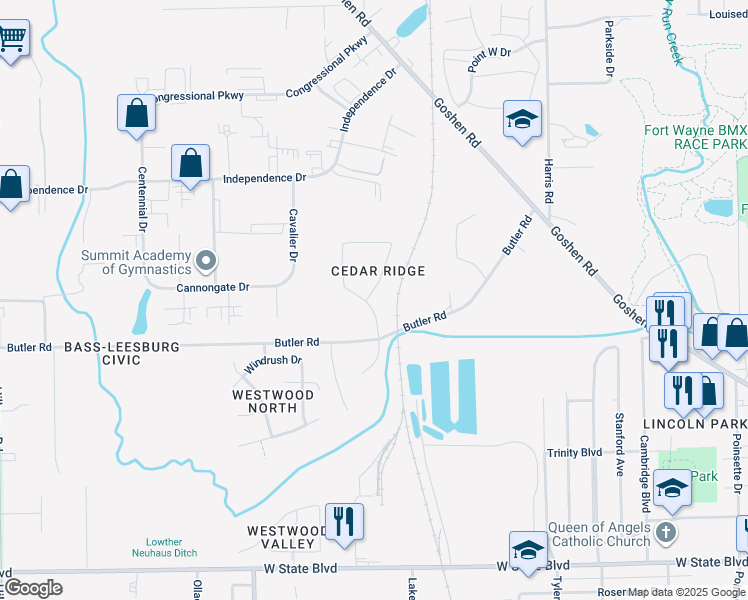 map of restaurants, bars, coffee shops, grocery stores, and more near 3124 Cedar Ridge Run in Fort Wayne