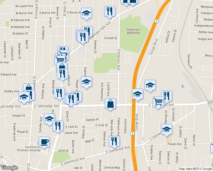 map of restaurants, bars, coffee shops, grocery stores, and more near 698 Lucille Ave in Akron