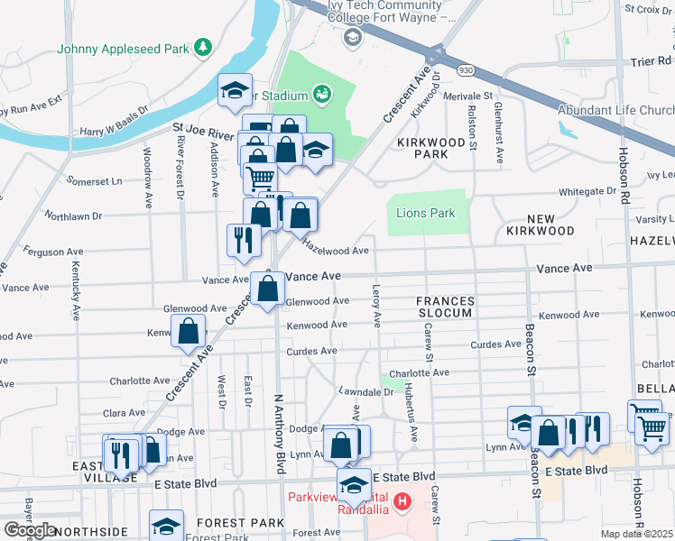 map of restaurants, bars, coffee shops, grocery stores, and more near 2005 Vance Avenue in Fort Wayne