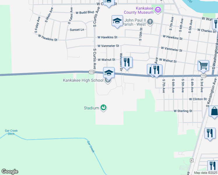map of restaurants, bars, coffee shops, grocery stores, and more near 1200 West Jeffery Street in Kankakee