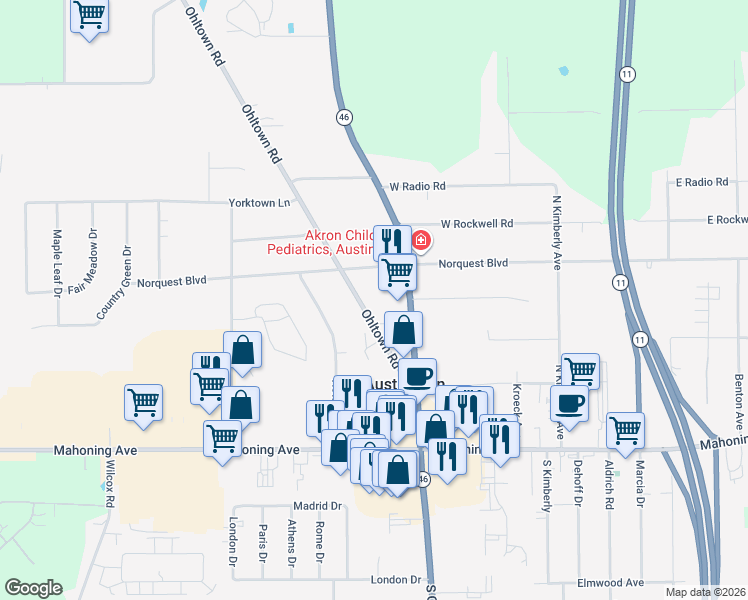 map of restaurants, bars, coffee shops, grocery stores, and more near 117 Ohltown Road in Youngstown