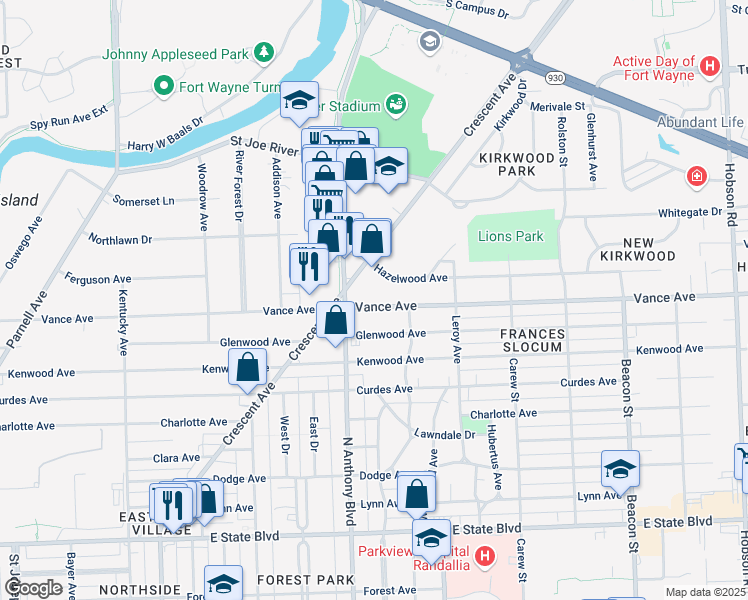 map of restaurants, bars, coffee shops, grocery stores, and more near 1829 Vance Avenue in Fort Wayne