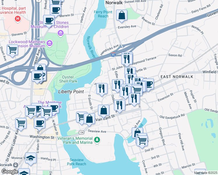 map of restaurants, bars, coffee shops, grocery stores, and more near 55 Osborne Avenue in Norwalk
