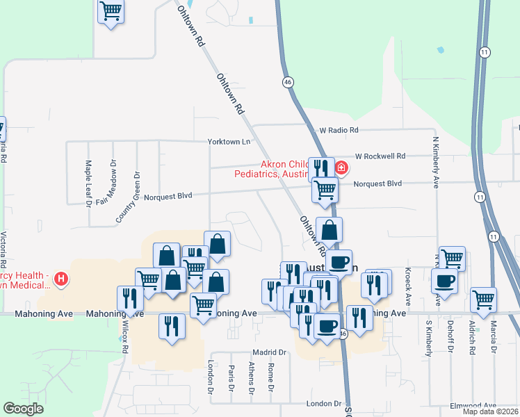 map of restaurants, bars, coffee shops, grocery stores, and more near 128 Howard Avenue in Youngstown