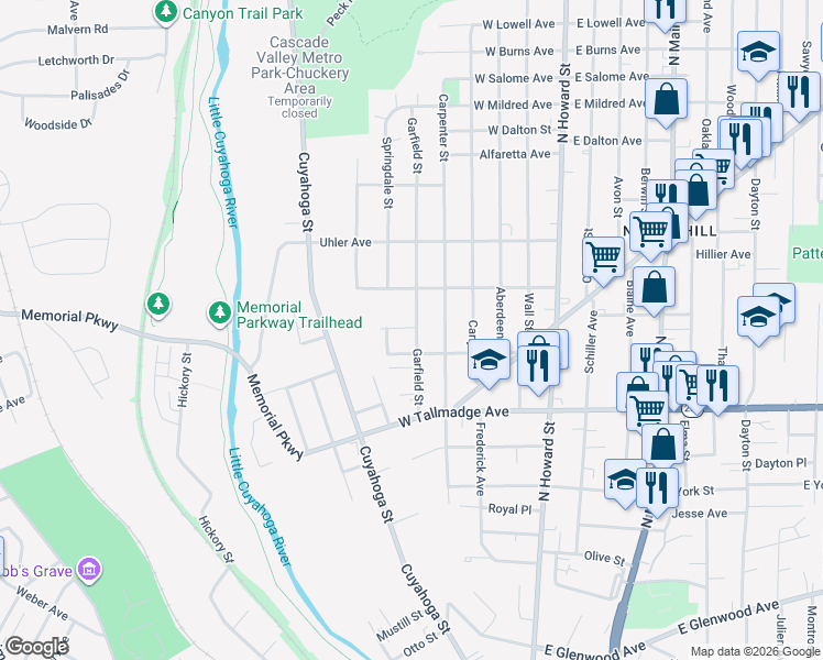 map of restaurants, bars, coffee shops, grocery stores, and more near 702 Garfield Street in Akron