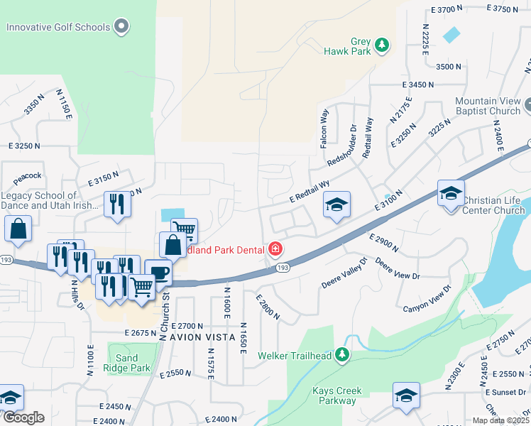 map of restaurants, bars, coffee shops, grocery stores, and more near 1744 East Whitetail Drive in Layton