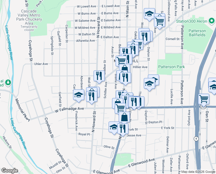 map of restaurants, bars, coffee shops, grocery stores, and more near 703 Schiller Avenue in Akron