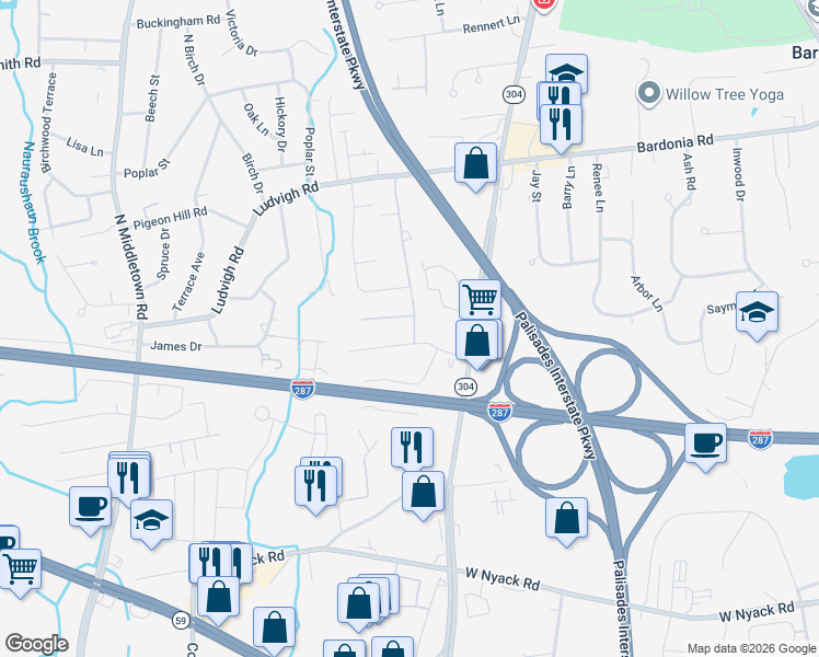 map of restaurants, bars, coffee shops, grocery stores, and more near 61 Dustman Ln in Bardonia