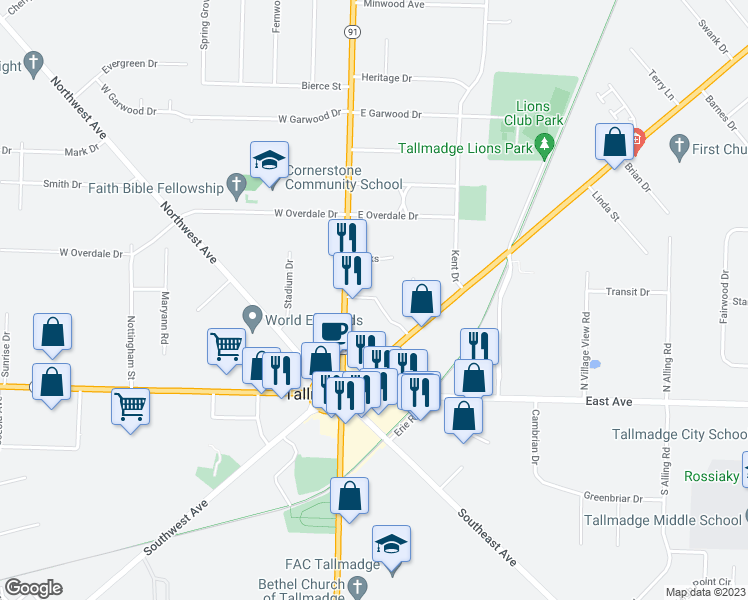 map of restaurants, bars, coffee shops, grocery stores, and more near 76 North Avenue in Tallmadge
