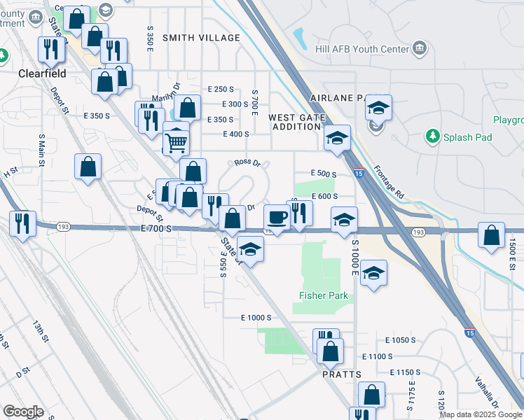 map of restaurants, bars, coffee shops, grocery stores, and more near 181 East Ross Drive South in Clearfield