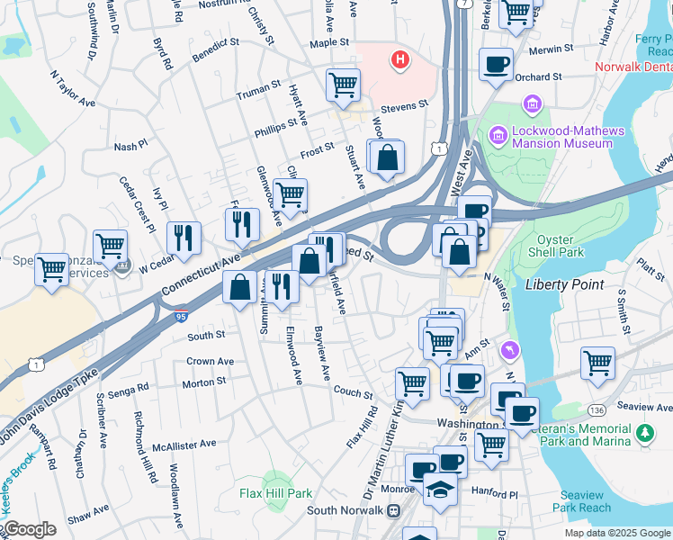 map of restaurants, bars, coffee shops, grocery stores, and more near 67 Fairfield Avenue in Norwalk