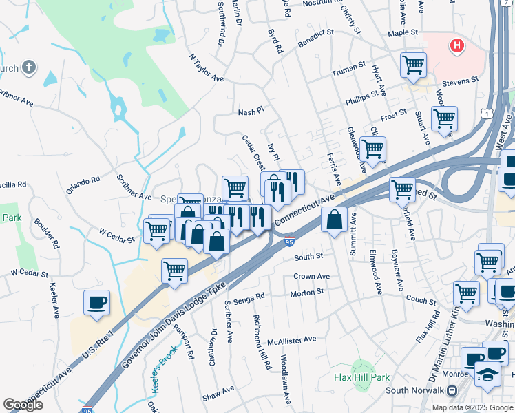 map of restaurants, bars, coffee shops, grocery stores, and more near 151 West Cedar Street in Norwalk