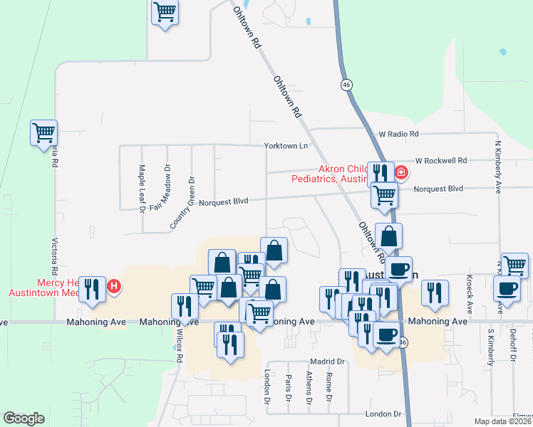 map of restaurants, bars, coffee shops, grocery stores, and more near 138 Fitch Boulevard in Austintown