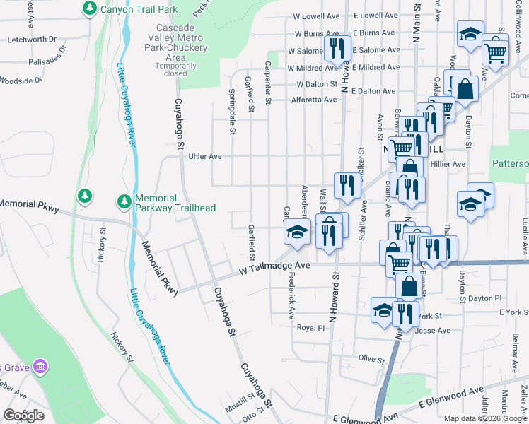 map of restaurants, bars, coffee shops, grocery stores, and more near 703 Carpenter Street in Akron
